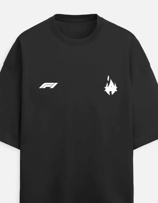 Black t-shirt with white logos on a light gray background